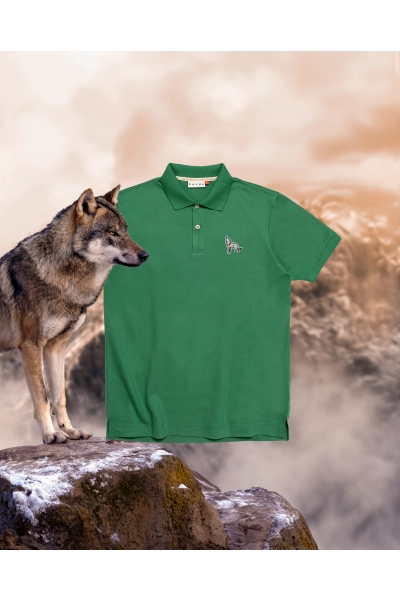 Koszulka Polo męska Basic z wilkiem szarym - zielona